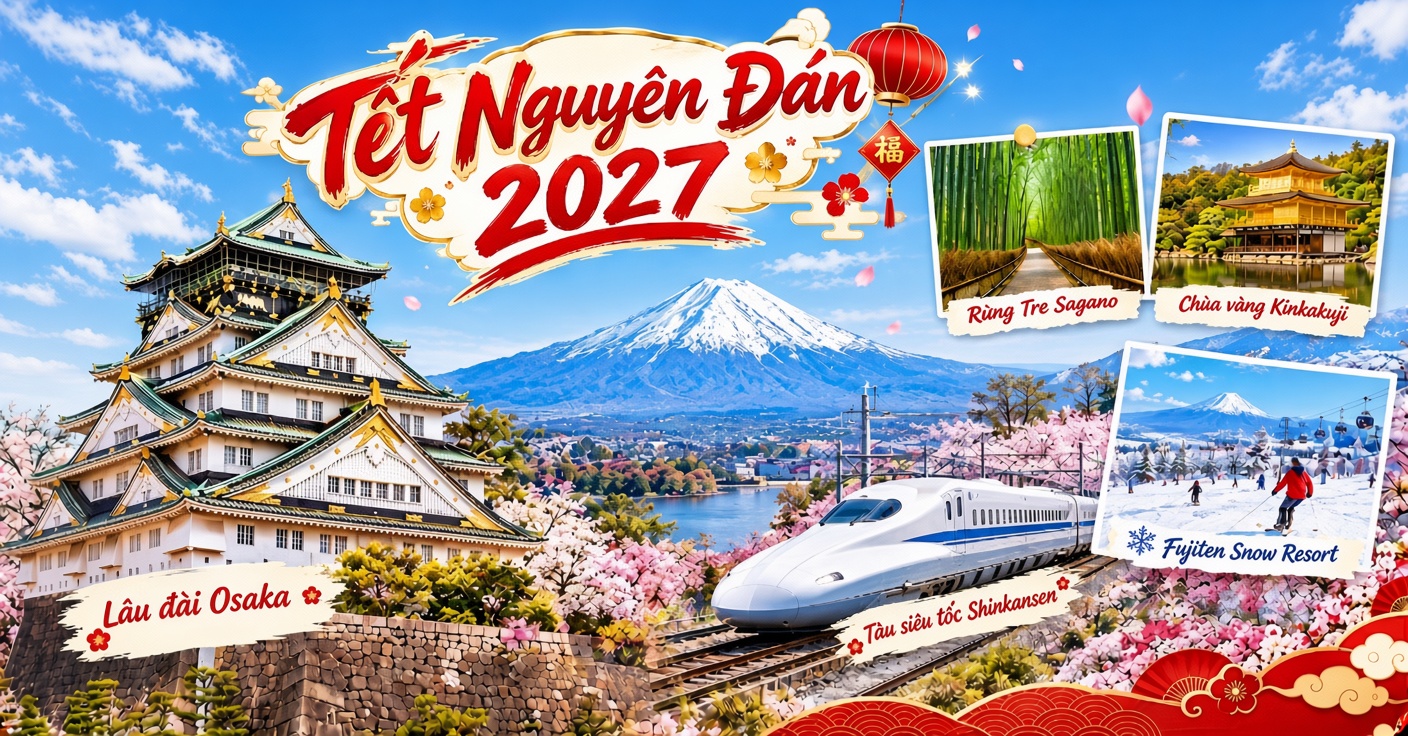 Tour Nhật Bản Tết 2027 – Royal Tourist Tour Nhật Bản Tết 2027 với núi Phú Sĩ, rừng tre Sagano, Shinkansen và Fujiten – Royal Tourist